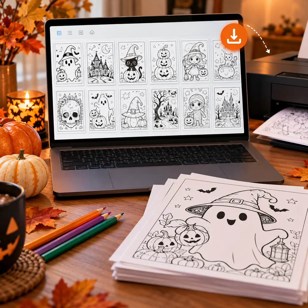 Notebook con las páginas del libro en pantalla y una impresora que saca una hoja para colorear